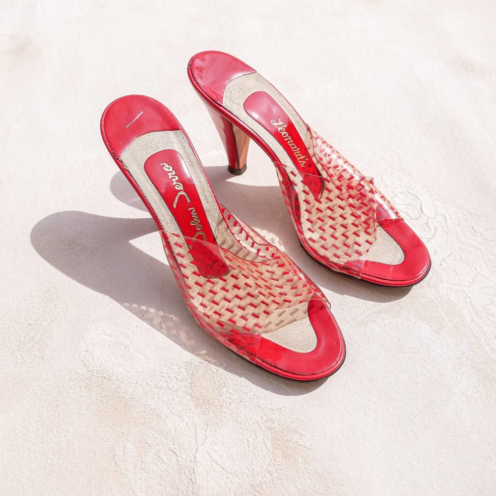 1960s Vintage Clear + Cherry Red Patent Leather Slide Heel Sandals 6.5M